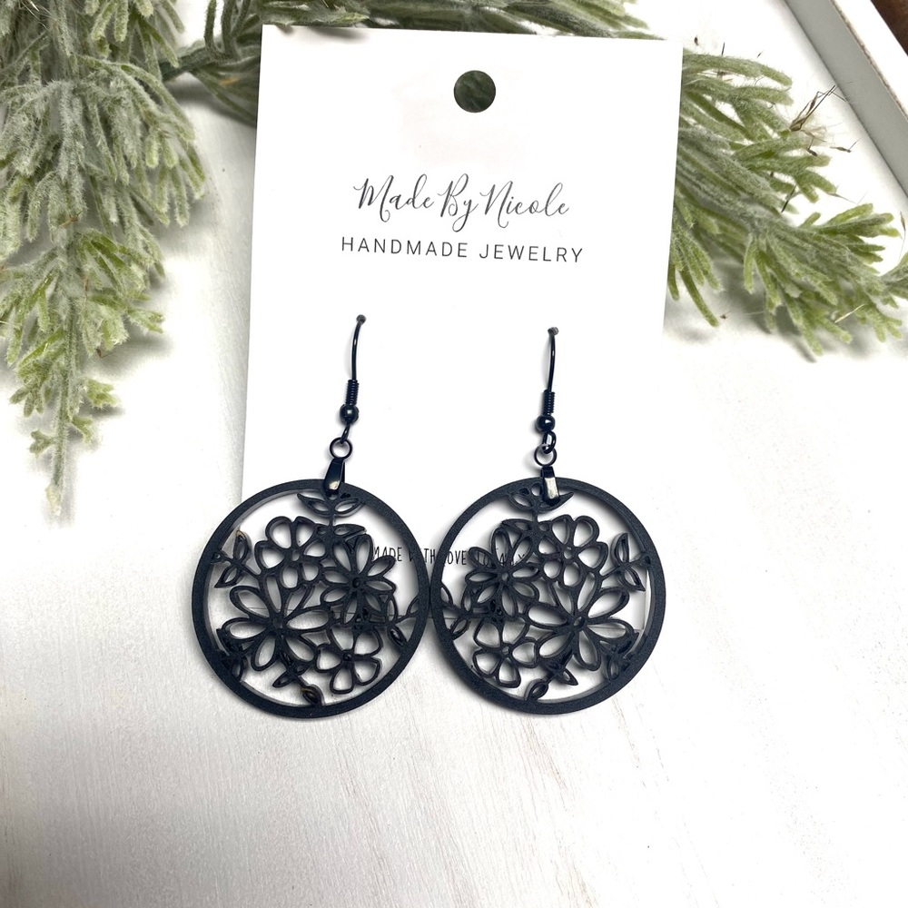 Hand Crafted Black Floral Earrings